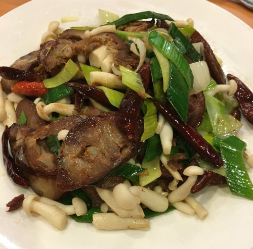 Szechuan sausage with pearl mushrooms, leeks and green garlic at Chengdu 23