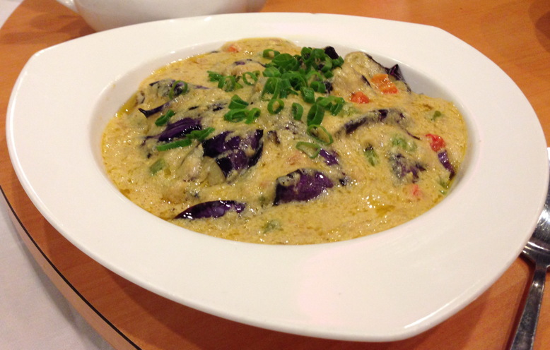 Colorful and creamy boiled eggplant with salted egg topped with sliced scallions by Chengdu 23